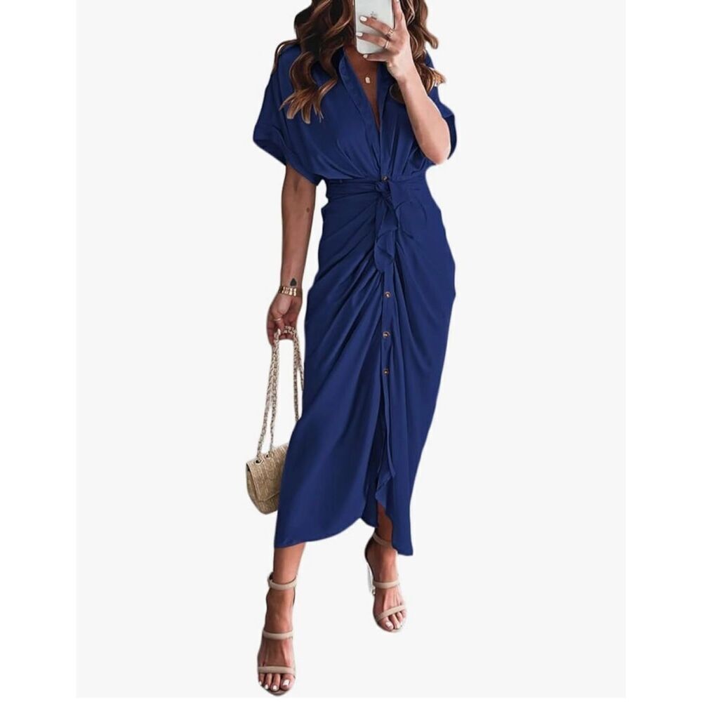 NEW Satin Button Down Belted Elegant Ruched Maxi Dress S